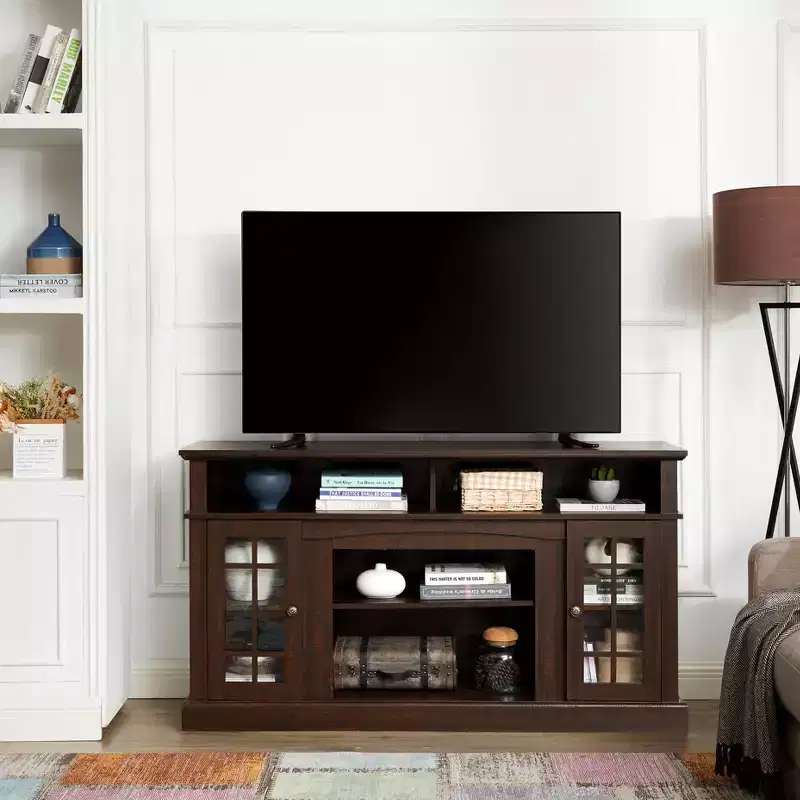 Classic TV Stand Entertainment Center with Large Storage Cabinets with Glass Doors Media Furniture with Open Storage Space for Living Room
