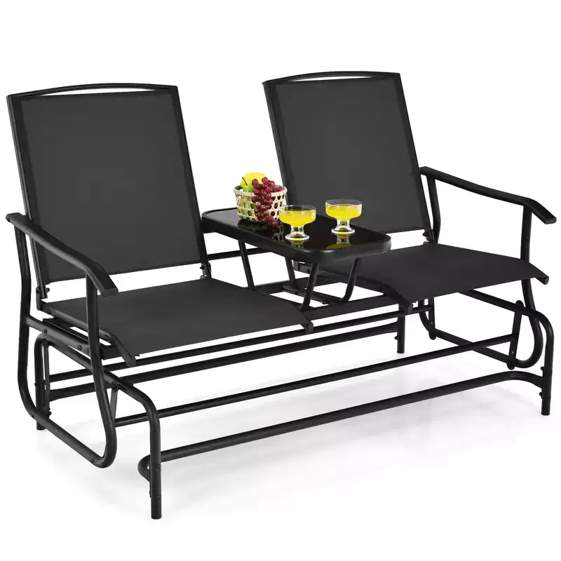 Gymax 2-Person Outdoor Glider Bench with Center Glass Table Patio Swing Lounge Chair Garden Loveseat Rocker Black
