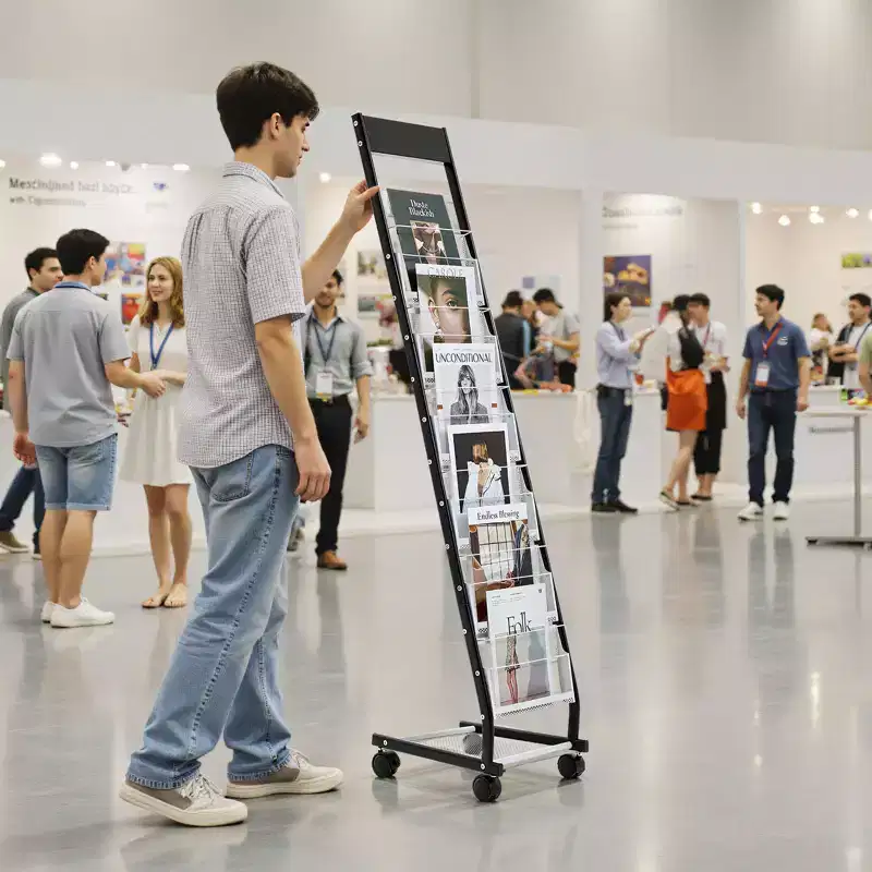 Brochure Display Rack, Narrow 6-Tier Magazine Literature Display Stand with Wheels, Metal Floor Standing Magazine Rack, 6 Pockets, Black