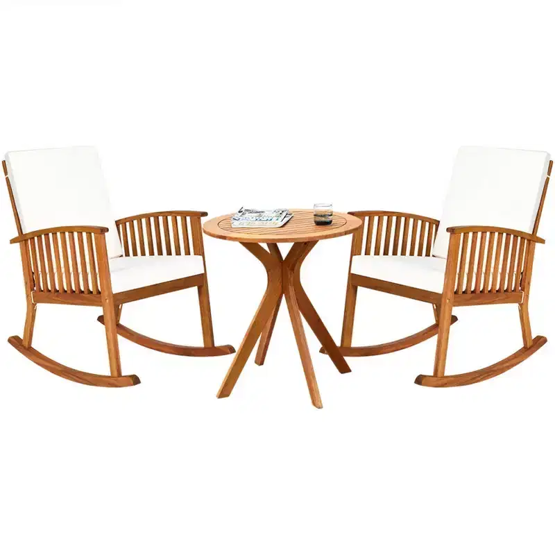 Costway 3PCS Patio Rocking Chair Set Round Table Solid Wood Cushioned Sofa Garden Deck
