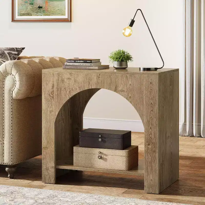 Farmhouse End Side Table: Large, heavy-duty wooden pedestal, storage, for living room/bedroom, accent furniture, Light Brown Oak.