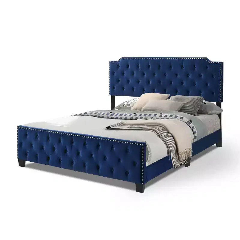 California King Tufted Panel Bed with Nailhead Trim | Navy Blue
