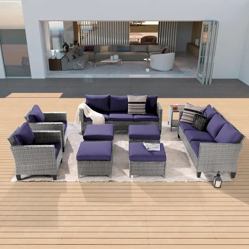 BONOSUKI 9Pcs Patio Sofa Conversation Set Grey Rattan With Side Table