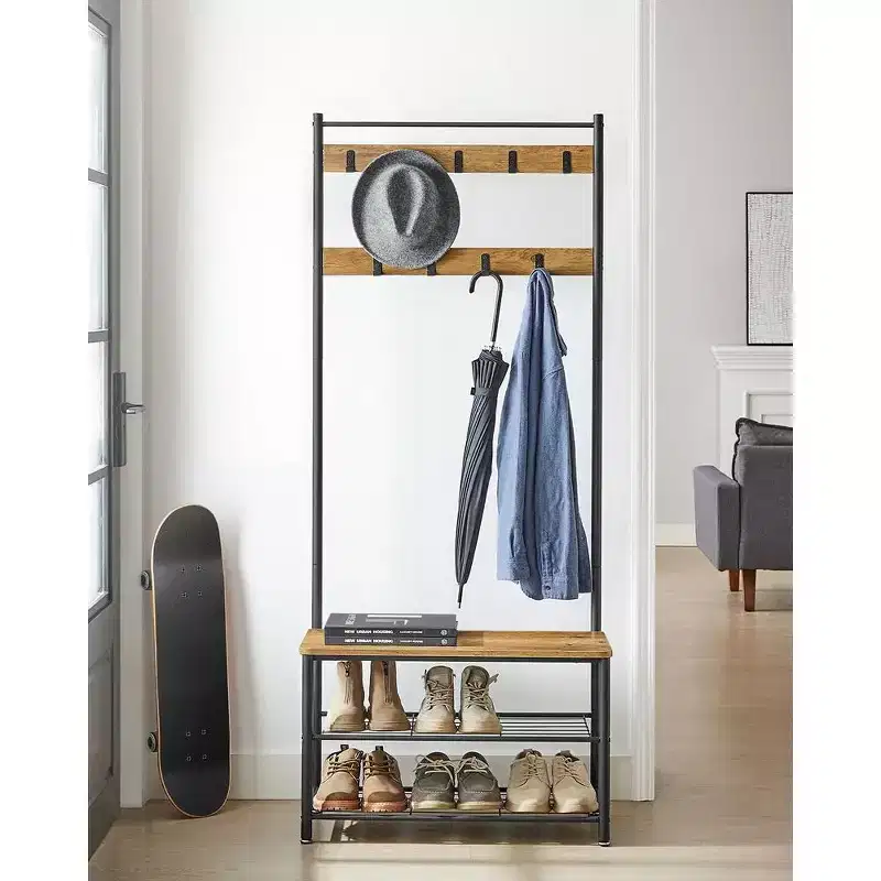 Hall Tree Entryway Coat Rack with Shoe Bench – Rustic Walnut & Black