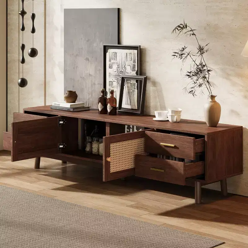 70-inch Mid-Century Modern TV Stand, suitable for TVs up to 80 inches, featuring roller shutters and recessed drawers, for the living room