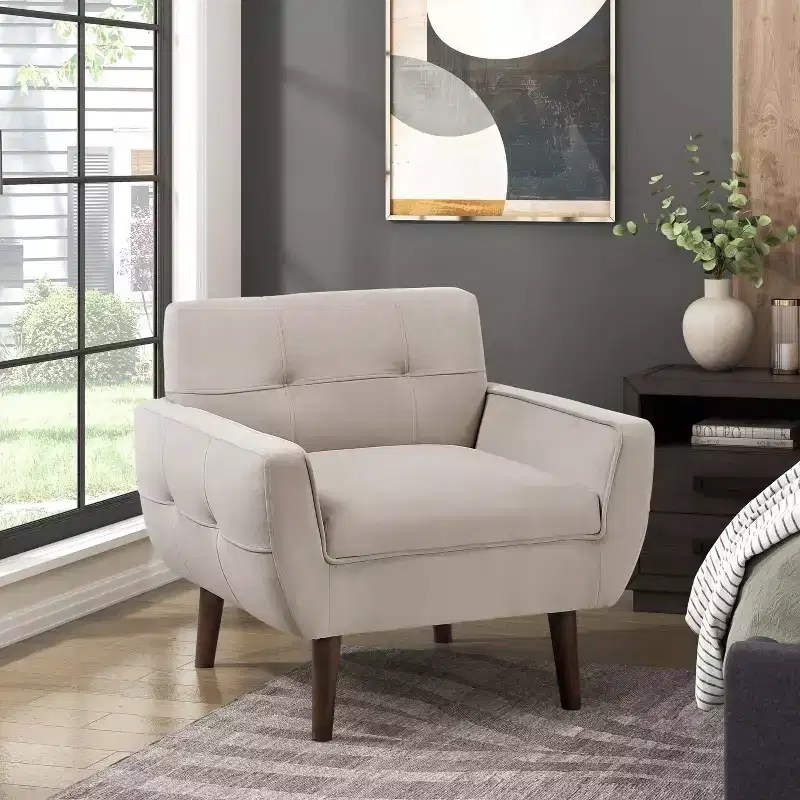 Okak Modern Accent Chair 1pc Living Room Chair with Velvet Upholstered Back Tufted Armchair Reading Leisure Chair with Padded Seat and Back