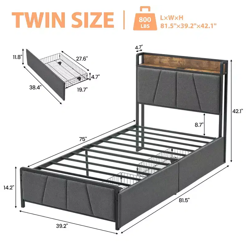 Twin Bed Frame with Linen Upholstered, 2 Storage Drawers & Storage Headboard & Charging Station, Noise Free, 800lbs