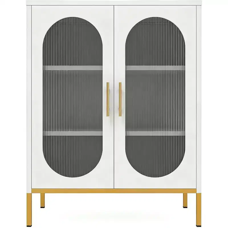 White Metal Double Arched Fluted Glass Cabinet, 2 Glass Doors Storage Cabinet with Adjustable Shelves, Modern Sideboard for Living Room, Dining Room