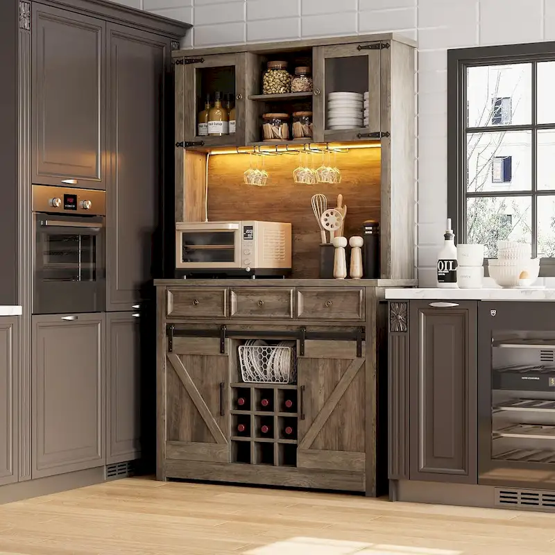 Modern Farmhouse Coffee Bar Cabinet with LED Lights & Power Outlets, Kitchen Cabinet