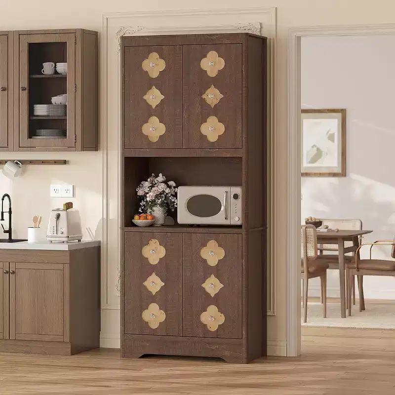 72 Tall Kitchen Pantry Cabinet - Freestanding Wooden Hutch Cupboard with Carved Door & Crystal Handle for Dining Living Room