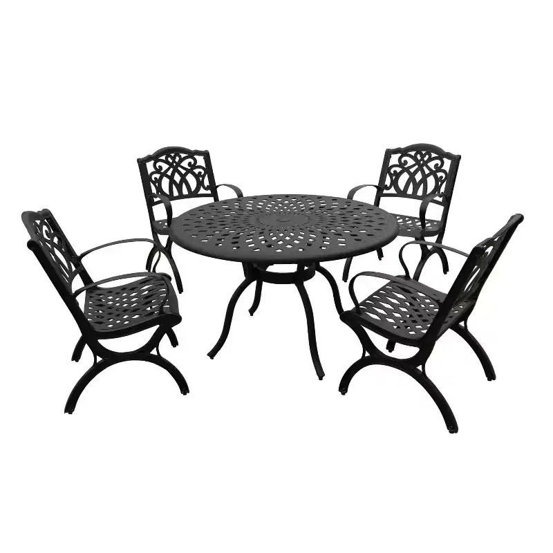 5pc Patio Dining Set with 48" Modern Ornate Outdoor Mesh Aluminum Round Table & Luxury Chairs - Black - Oakland Living: Weather-Resistant