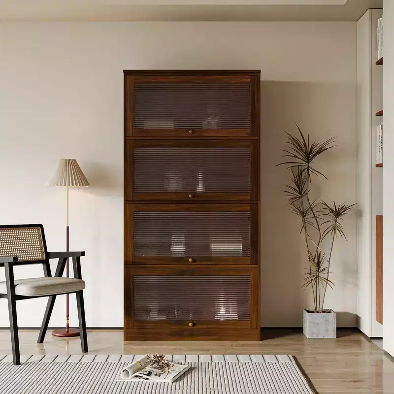 Rustic 4-Tier Wooden Bookcase with 4 Glass Doors