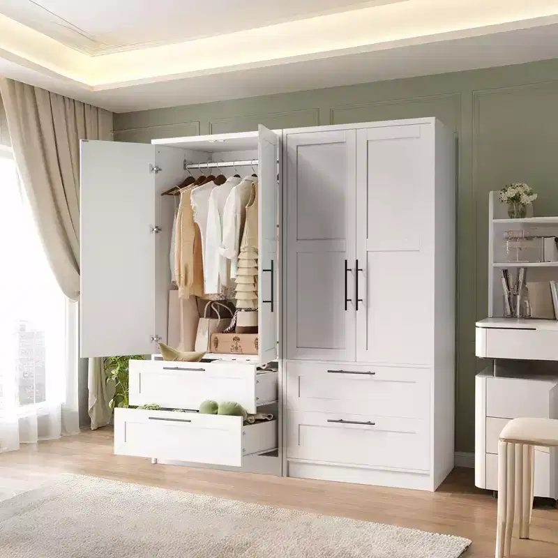 Wooden Armoire Wardrobe with 2 Drawers, Freestanding Closet Cabinet with Shelves, White