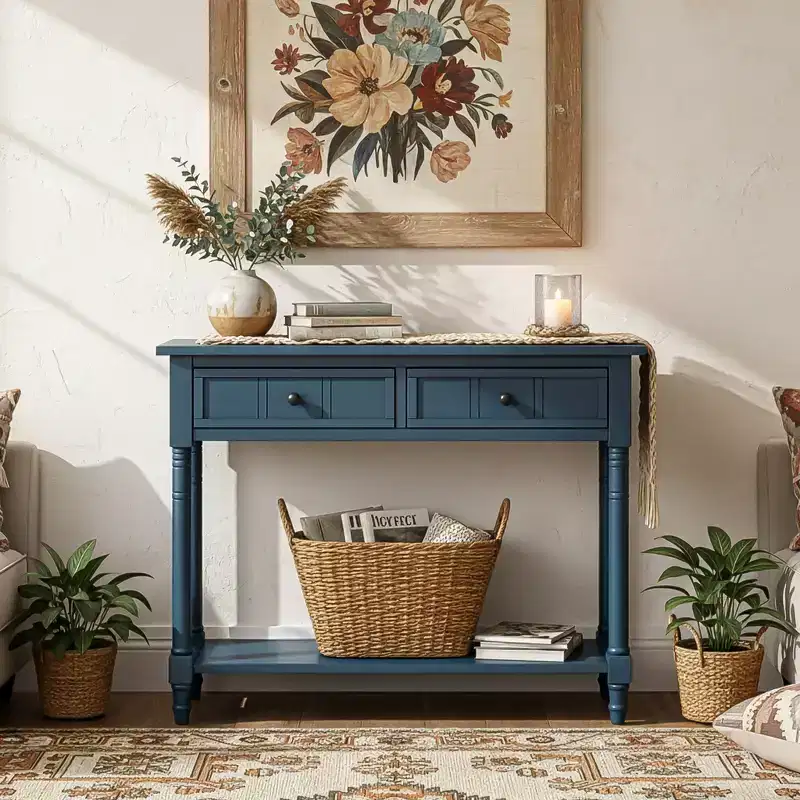 Traditional Entryway Console Table with 2 Drawers and Bottom Shelf, Solid Pine Wood