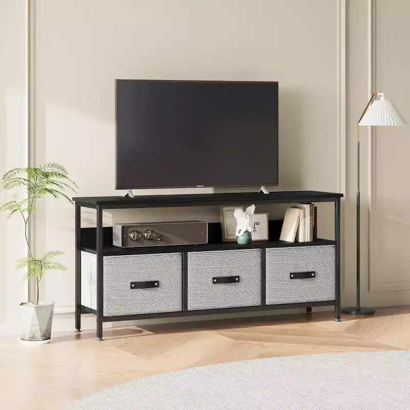 55 Black TV Stand with Grey Drawers, Dresser-Style Entertainment Center for Living Room & Bedroom Storage