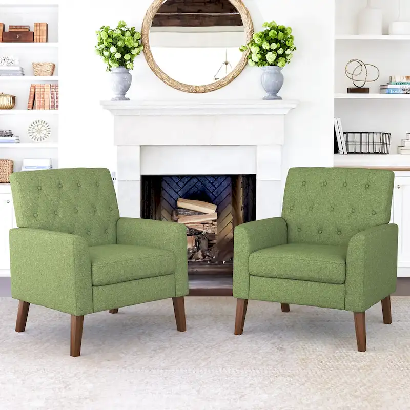 LUE BONA Linen and Walnut Legs Mid Century Modern Button Tufted Accent Chair (Set of 2) - 33.86 H X 27.95 W X 29.53 D