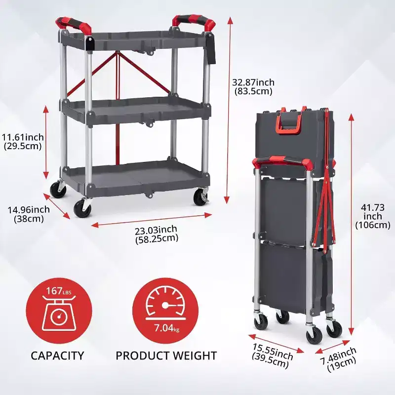 3-Tier Folding Utility Cart, Portable Collapsible Service Trolley with Wheels, 156 Lbs Load Capacity, Heavy Duty for Garage & Workshop, Grey