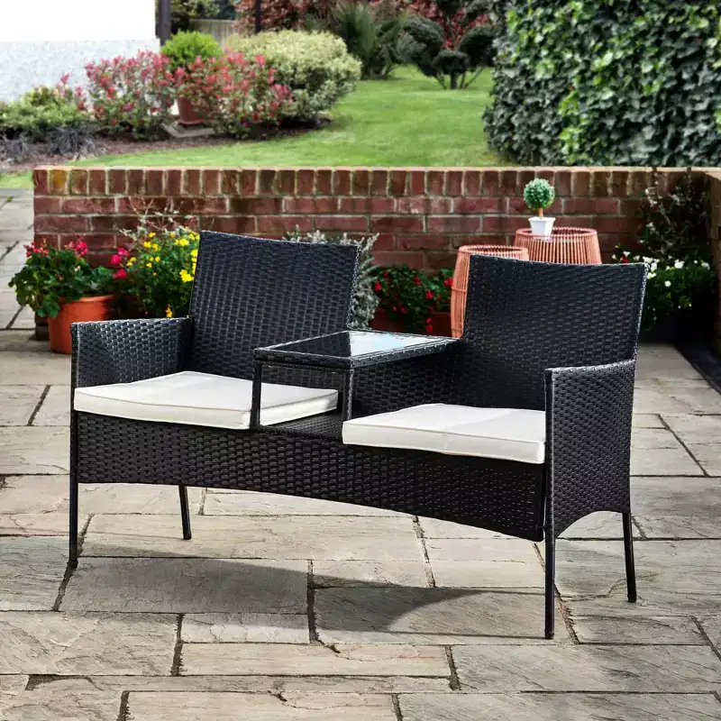 Teamson Home Outdoor Wicker Loveseat Bench with Table and Cushions, Black