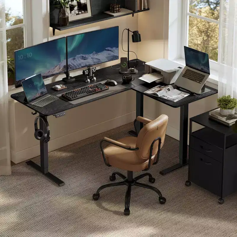 L-Shaped Computer Desk, Corner Desk with Power Outlets, Height Adjustable Computer Desk, Gaming Desk, Memory Function