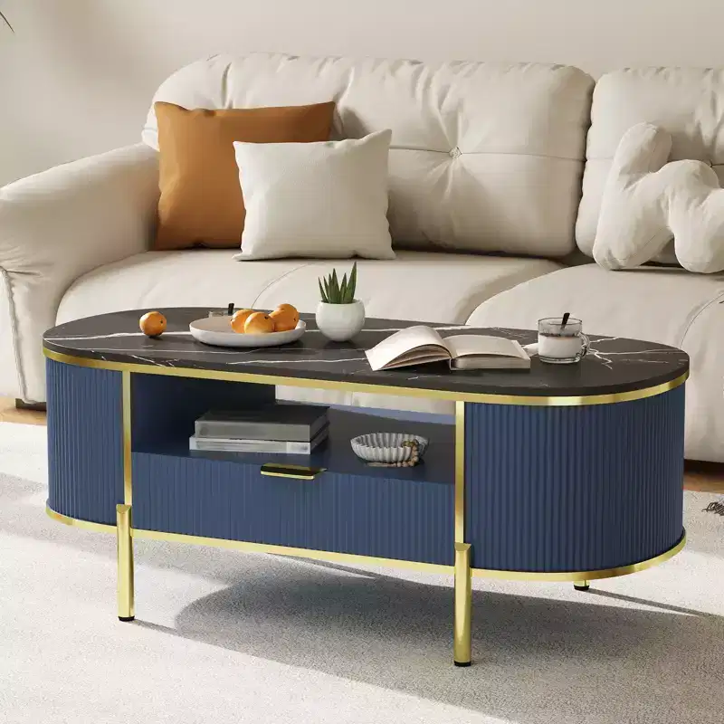 Blue / Oak Oval Fluted Coffee Table with Faux Marble Top, Gold Frame & Drawer