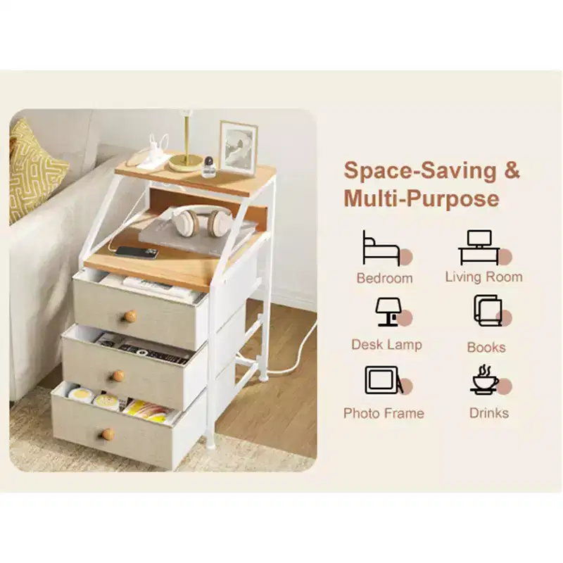 2-Shelf 3-Drawer Modern Nightstand End Table with Charging Station, Taupe