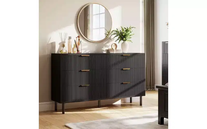 GustoWave Fluted 6 Drawer Dresser,Chest of Drawers with Metal Handles and Legs,Wooden Dresser TV Stand,Clothes Storage Cabinet Organize