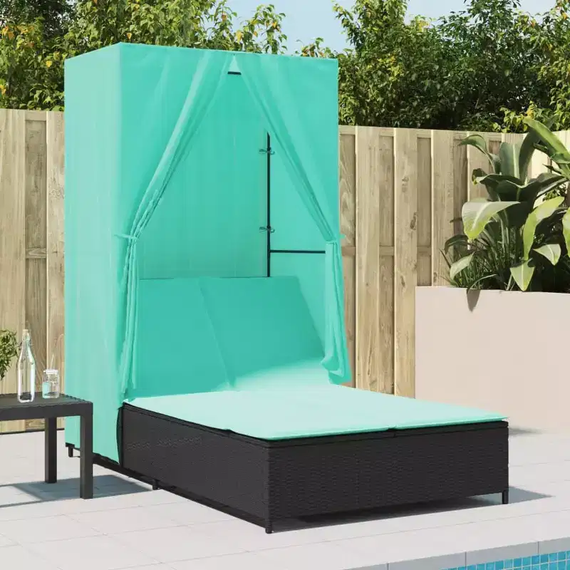vidaXL Double Sun Lounger with Roof and Curtains Poly Rattan