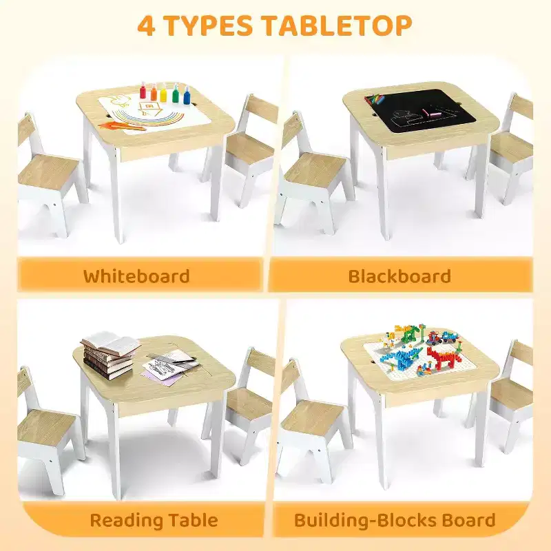 JOYMOR 4-in-1 Kids Activity Table & Chairs Set, with Building Blocks Board, Chalkboard & Whiteboard Top, Wooden with Storage, Natural