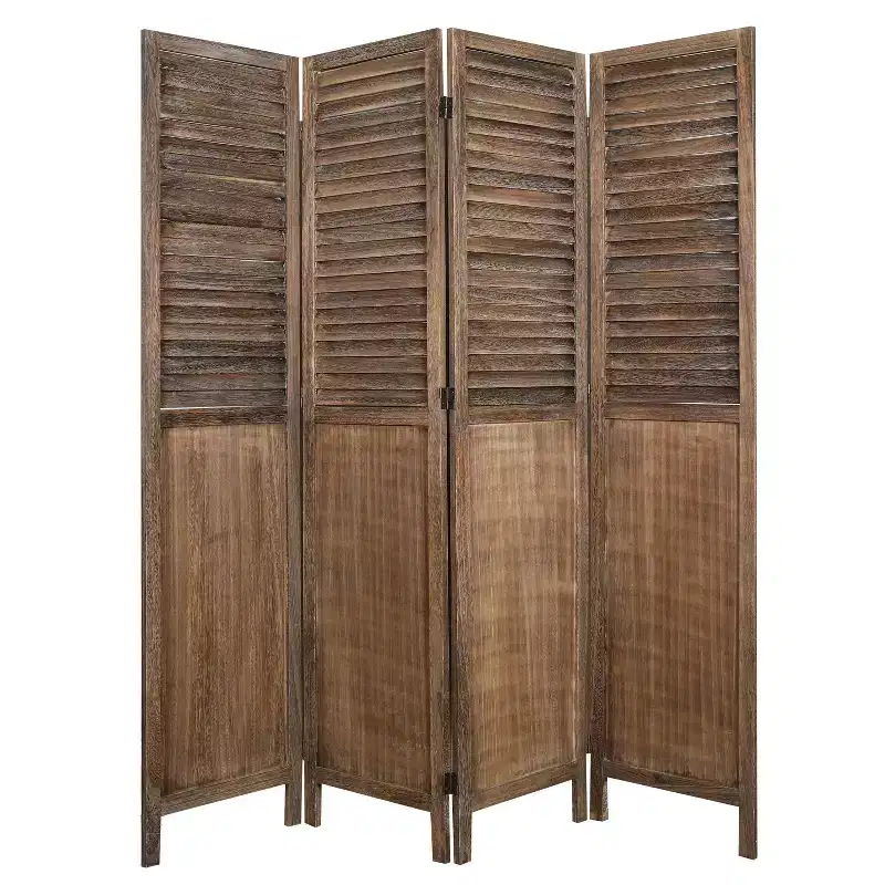 4-Panel Folding Room Divider – Paulownia Wood, Louvered Slats, Rustic Finish, No Assembly