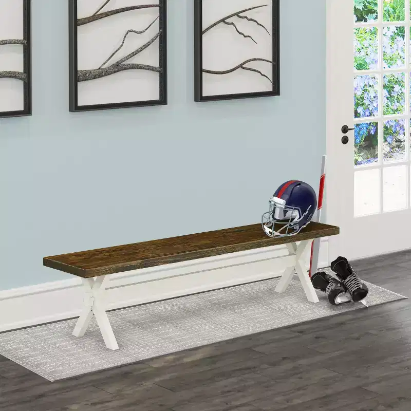 HomeStock Modern Dining Room Bench with Wooden Seat, 72x15x18 Inch, White/Espresso