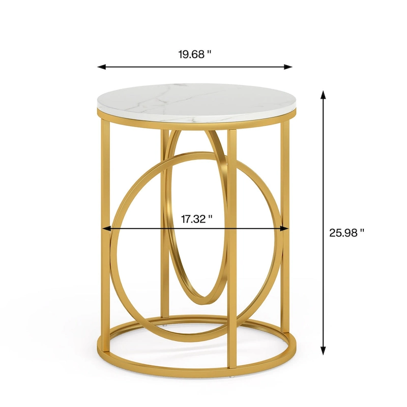 20 in. Marble White Round Wood End Table with Gold O-shaped Base