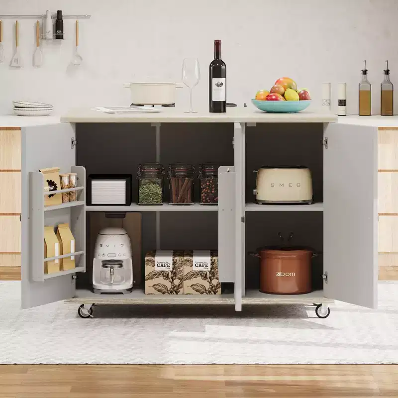 Solid Wood Handwoven Kitchen Island with Drop Leaf, Coastal Kitchen Island on Wheels with Storage Rack, Rolling Kitchen Cart with Ash Veneer