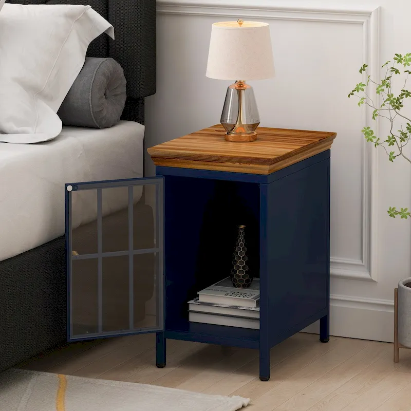 Glass Door Bedside Table with Iron Frame – Blue / Green, Solid Wood Top, Modern Style