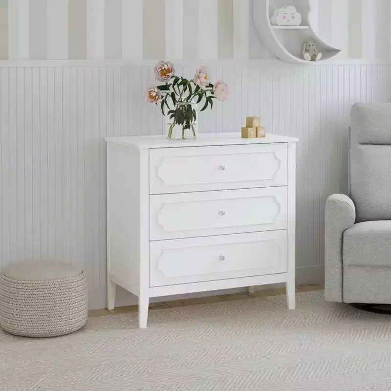 Solid Pine Wood 3-Drawer Dresser with Crystal Knobs 18''W x 35.5''D x 34''H White