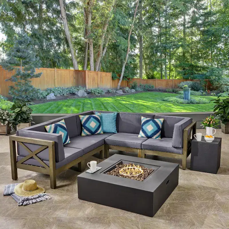 Christopher Knight Home Brava Outdoor Acacia Wood 5 Seater Sectional Sofa Set with Fire Pit