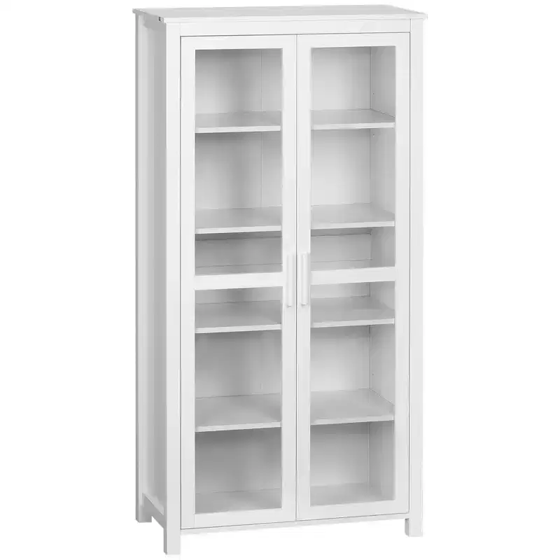Freestanding Kitchen Pantry Cabinet – 5-Tier, 2 Glass Doors, Adjustable Shelves, White