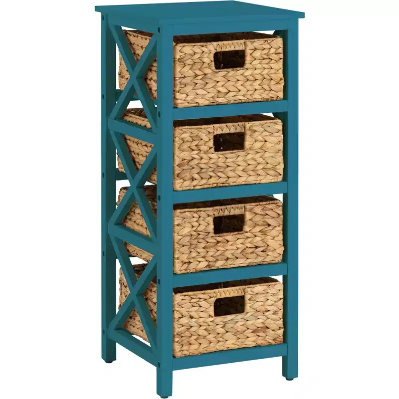 eHemco 4 Tier X-Side Storage End Table with 4 Wicker Baskets