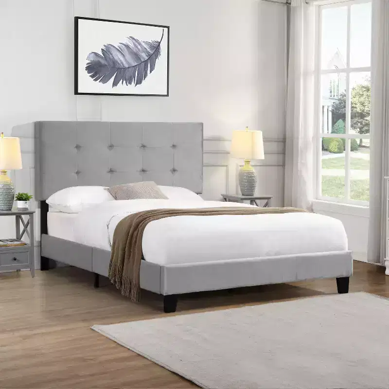 Okak Full Bed Frame with Pull Point Tufted Headboard,Upholstered Platform Bed Frame with Wood Slat Support for Bedroom,Gray