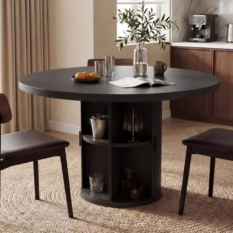 Dyonery Round Dining Table for 4 People,35.43 Modern Kitchen Table with Hidden Storage & Fluted Wood Design,Wood Texture Dining Table for Small Space