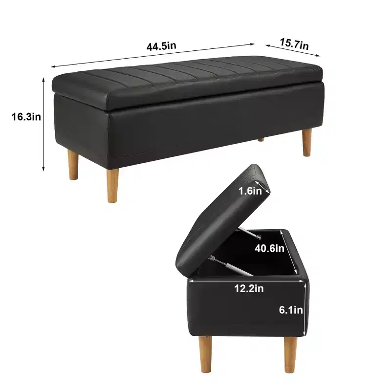 Modern Soft PU Leather Storage Bench, Ottoman 44 Shoestool with 6.1 Deep Storage Space for Living Room or Bedroom, Easy to Clean, Black