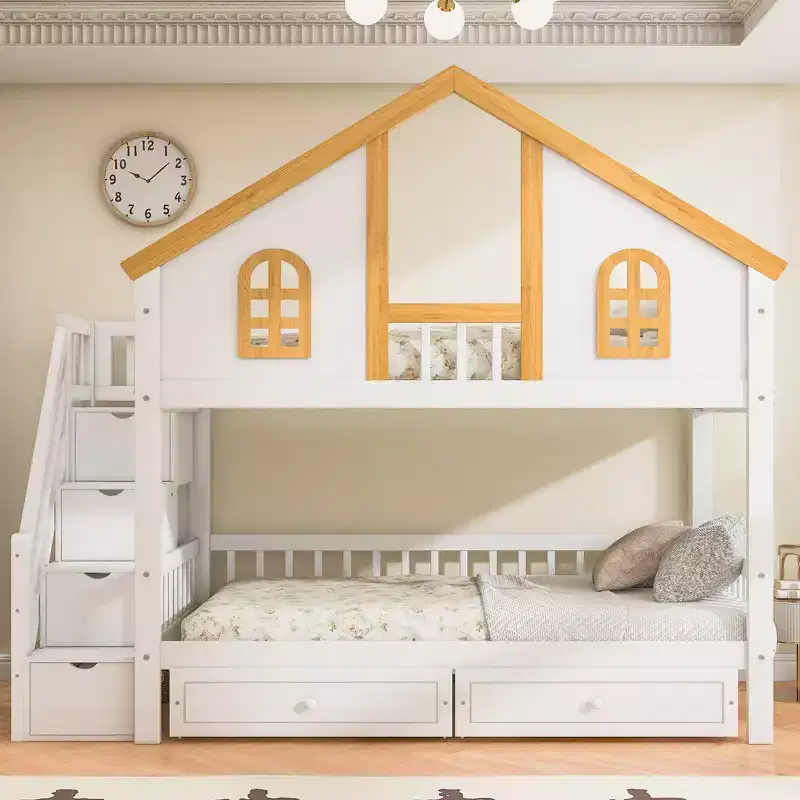 Kids House Bunk Bed Twin/Full – Loft Bed with Trundle, Storage Drawers & Staircase