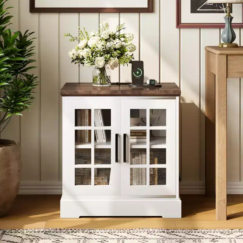 24 Large Farmhouse Nightstand with Charging Station - 2 AC & 2 USB, Living Room End Tables with Storage & Adjustable Shelf, White Side Table