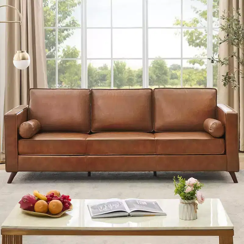 80 Leather Sofa, Mid-Century Modern Deep Seat Couch 3-Seat Sofa for Living Room