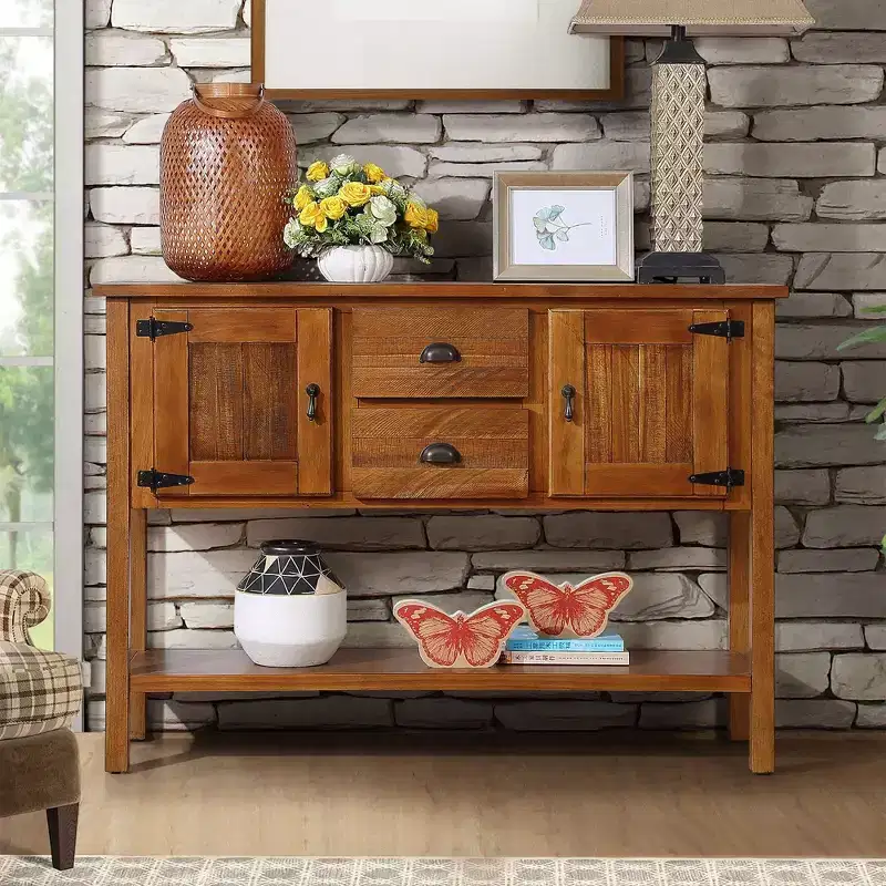 TUYOHW 48 Solid Pine Wood Sideboard Console Table,Cabinet with 2 Drawers,2 Cabinets,Bottom Shelf,Buffet Server Cabinet for Kitchen,Dining Room