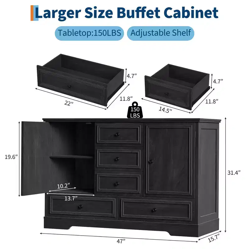Sideboard Buffet Cabinet with 5 Drawers, 2 Doors, 47 Kitchen Storage Cabinet, Coffee Bar Cabinet with Adjustable Shelves for Dining Room Living Room