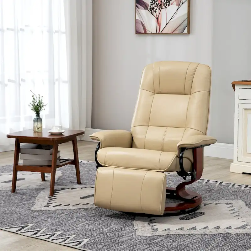 PU Leather Swivel Recliner Chair Manual Lounge Chair with Wood Base, Adjustable Backrest and Retractable Footrest