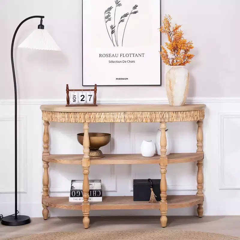 GDFStudio Tuttle Handcrafted Oval Wood Console Table with Carved Legs and 3-Tier Storage