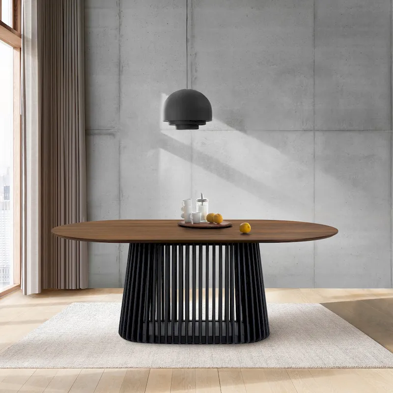 Natural Oak / Walnut / Black Oval Dining Table, Slatted Pedestal Base, Seats 7
