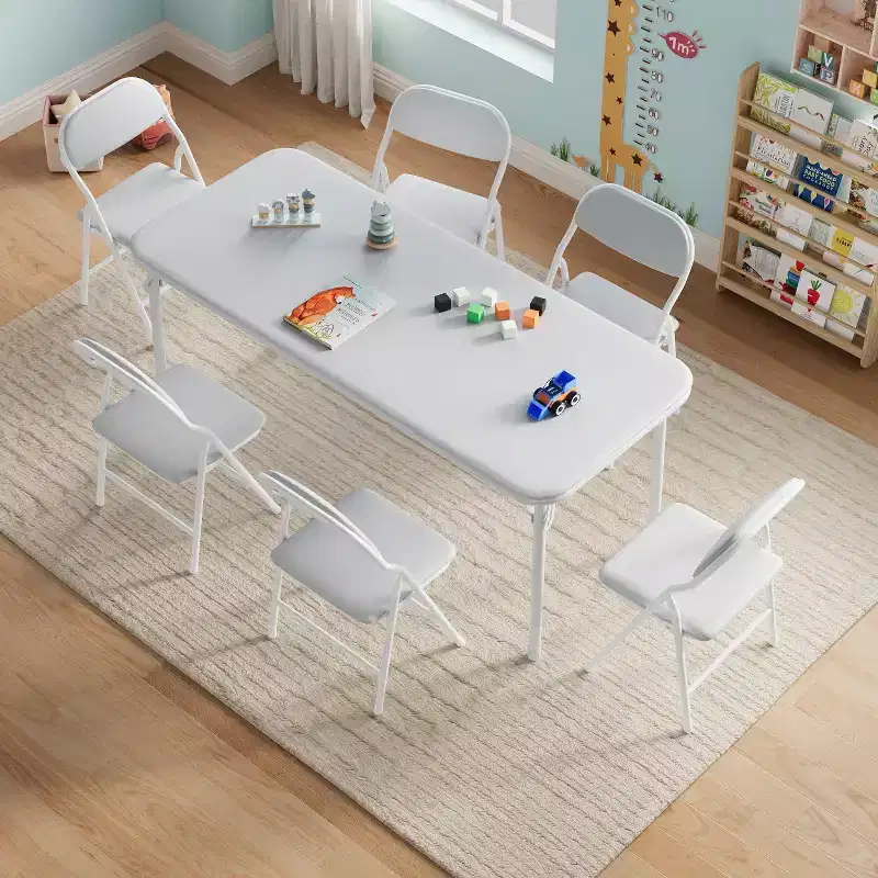 Boys and Girls Folding Table and Chairs Set of 3, Portable Table and Chair with Pu Soft Cushion, Suitable for Eating, Reading and Playing