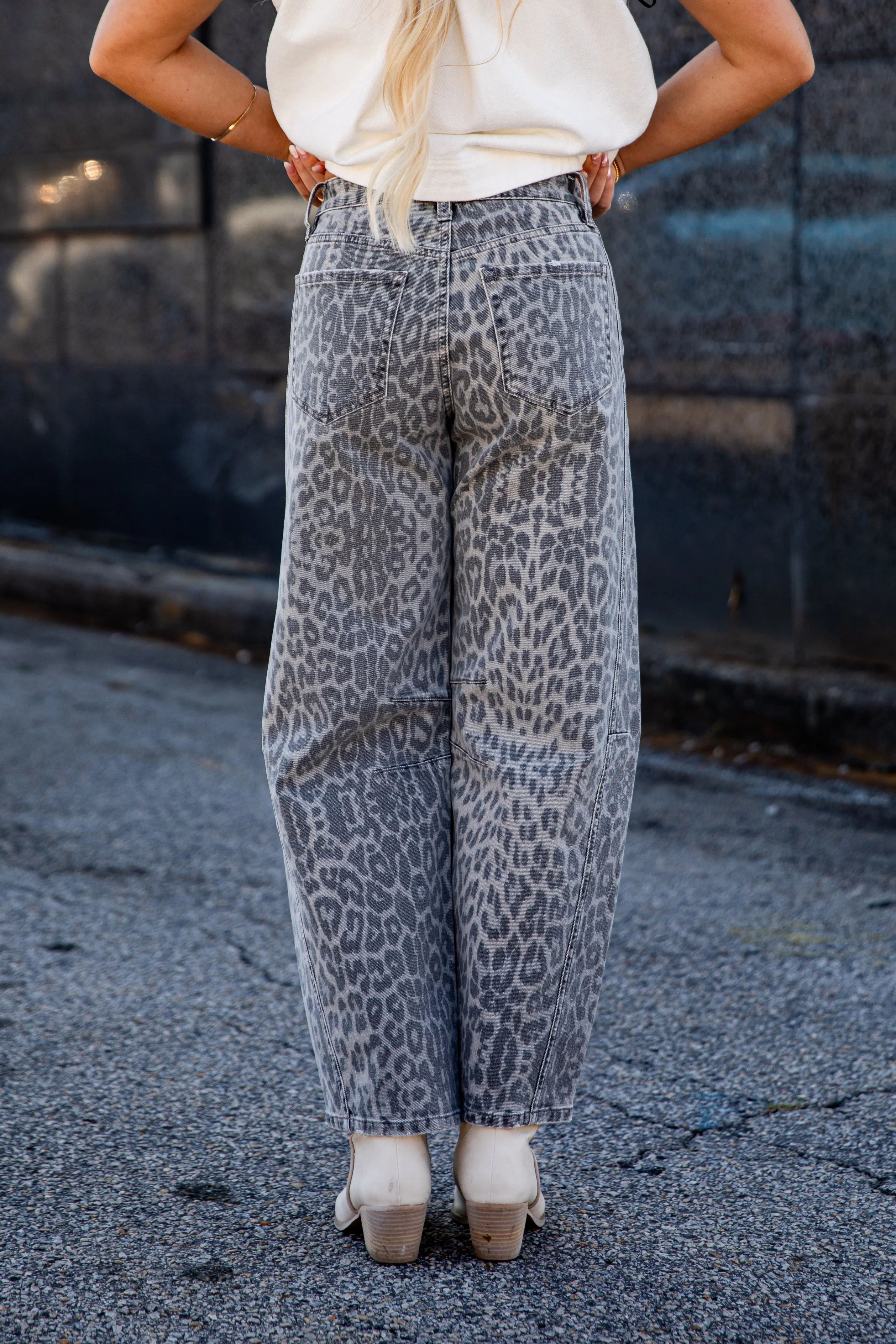 Leopard Print High Waist Barrel Leg Jeans